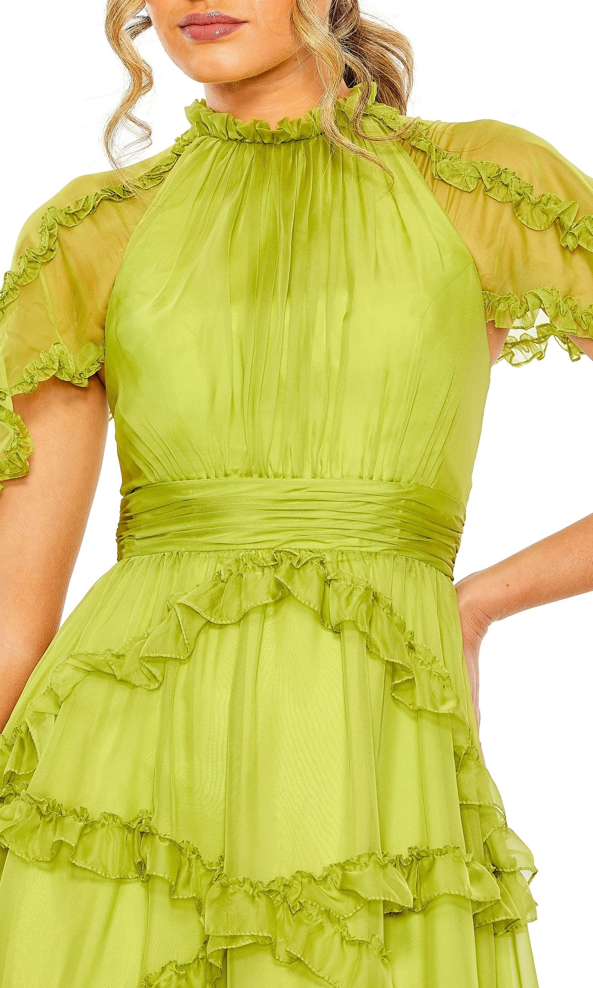 A woman wearing the Long Formal Dress 68222 by Mac Duggal, featuring apple green ruffles, an A-line silhouette, puffed short sleeves, a high neckline, and pleated details at the waist and bodice.